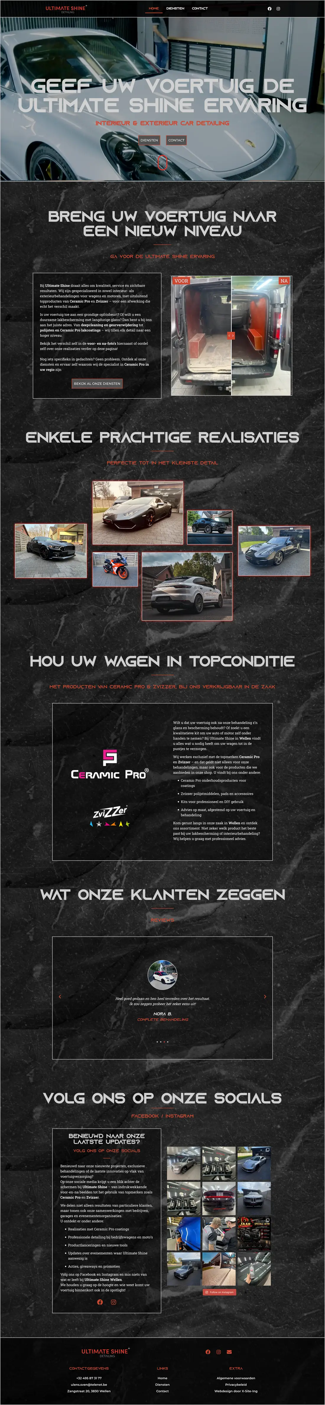 Volledige startpagina van de nieuwe website van Ultimate Shine